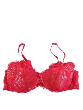 Cacique Lightly Lined French Balconette Bra Red Lace Sz 42DD